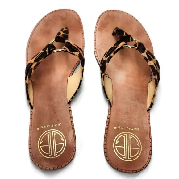 Lilly Pulitzer McKim Leopard Print Calf-Hair Leather Gold Ring Thong Sandals - Picture 4 of 12